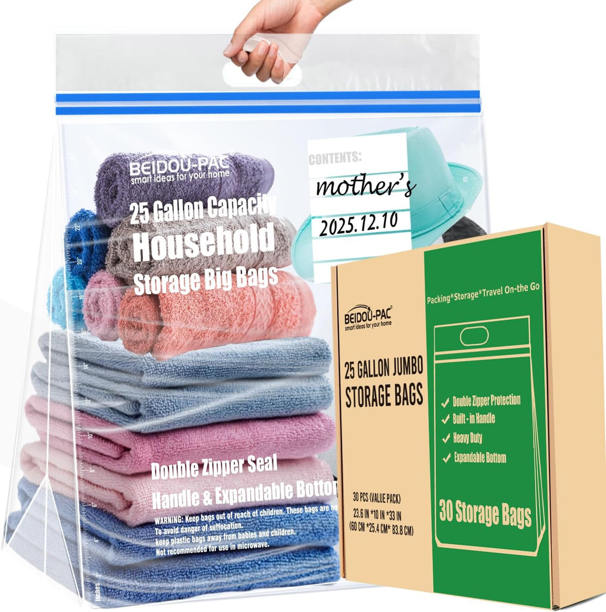 25 Gallon Jumbo Storage Bags with Handle, 30 Counts | Double Zipper Seal | Expandable Bottom