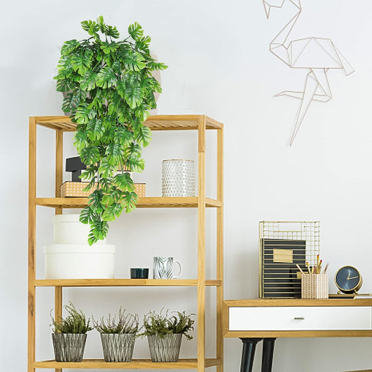 RECUTMS Artificial Hanging Plants 4Pcs, Fake Monstera Leaves Ivy Vine Faux Greenery UV Resistant