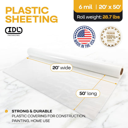 Plastic Sheeting 6 mil, 20' x 50' (1000 sq. ft.) - Thick Semi-Clear LDPE Plastic Sheeting Heavy