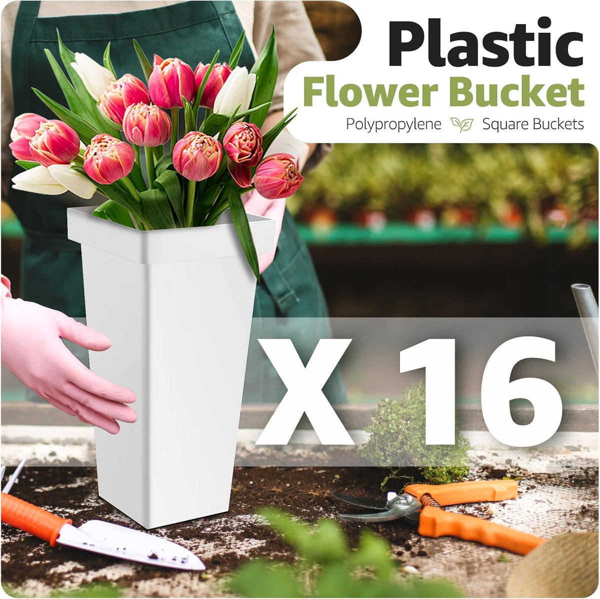 Flower Display Stand 4 Layers with 16 PCS Square Buckets, Plant Stand with Wheels, Movable Metal