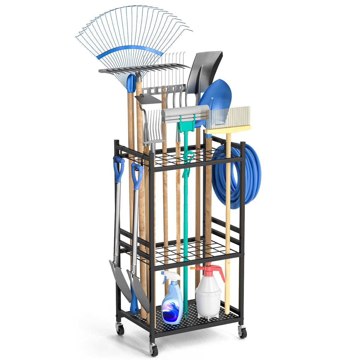 DAOUTIME Garden Organizer With Wheels, Yard Tower Rack for Garage Storage, Up to 35 Long-Handled