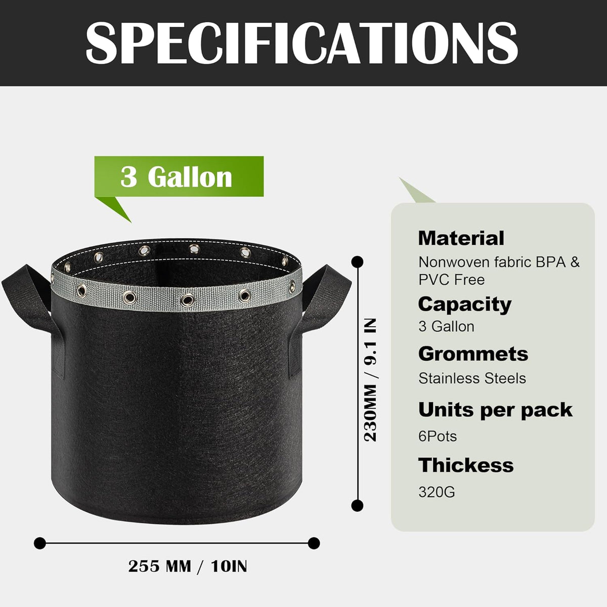 3 Gallon Grow Bags 6 Pack,Premium 3 Gallon Fabric pots for Healthy Plant Growth - Durable and