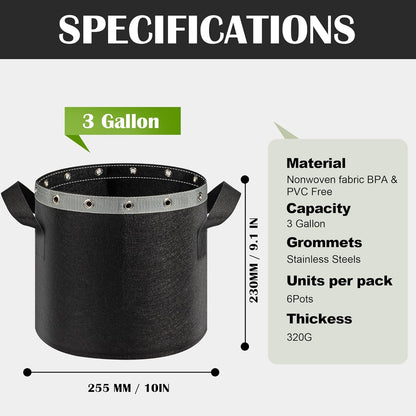 3 Gallon Grow Bags 6 Pack,Premium 3 Gallon Fabric pots for Healthy Plant Growth - Durable and
