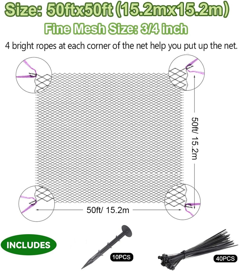 OGORI 50' x 50' Bird Netting Heavy Duty Nylon 3/4" Mesh Garden Netting Protect Fruit Trees, Plants