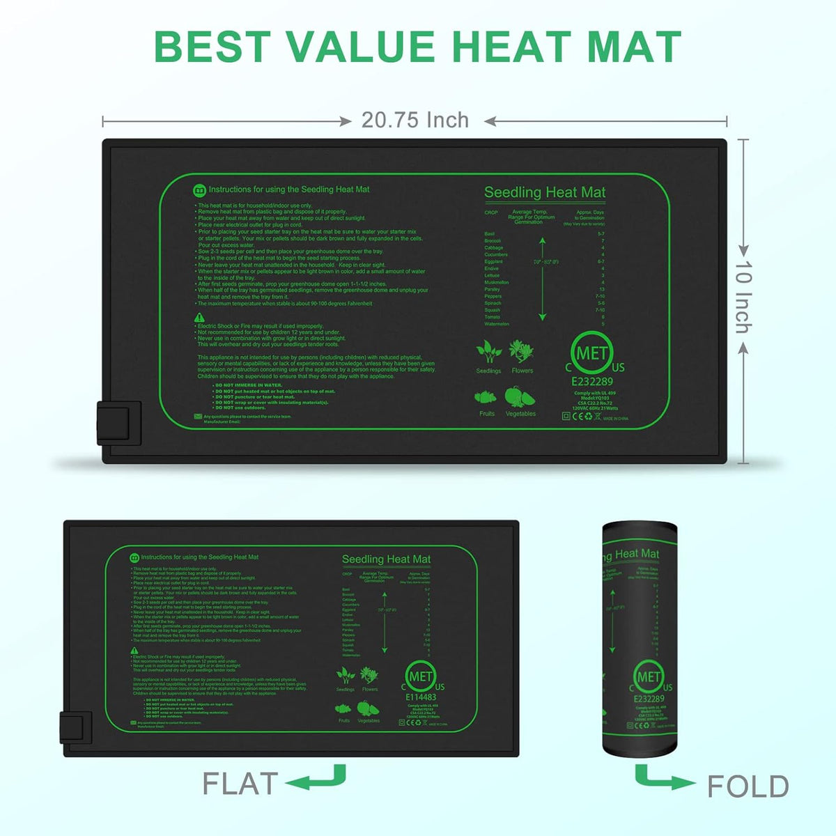 GYTF 21W Seedling Heat Mat for Seed Starting, 10" x 20.75" Waterproof Heating Pad for Indoor Plants