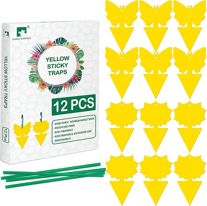 LULUCATCH Fruit Fly Sticky Traps 12 Pcs, Yellow Sticky Trap, Non-Toxic Gnat Traps Insect Catcher