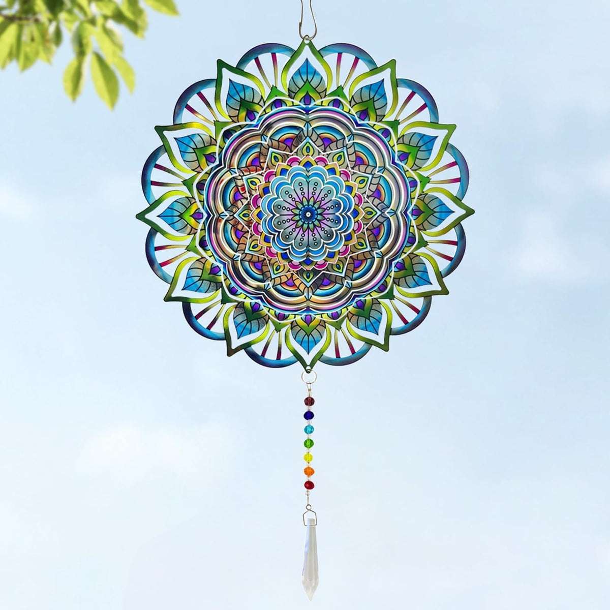 Mandala Wind Spinners Outdoor with Gazing Ball Spiral Tail, Marzovitra Stainless Steel 3D Kinetic
