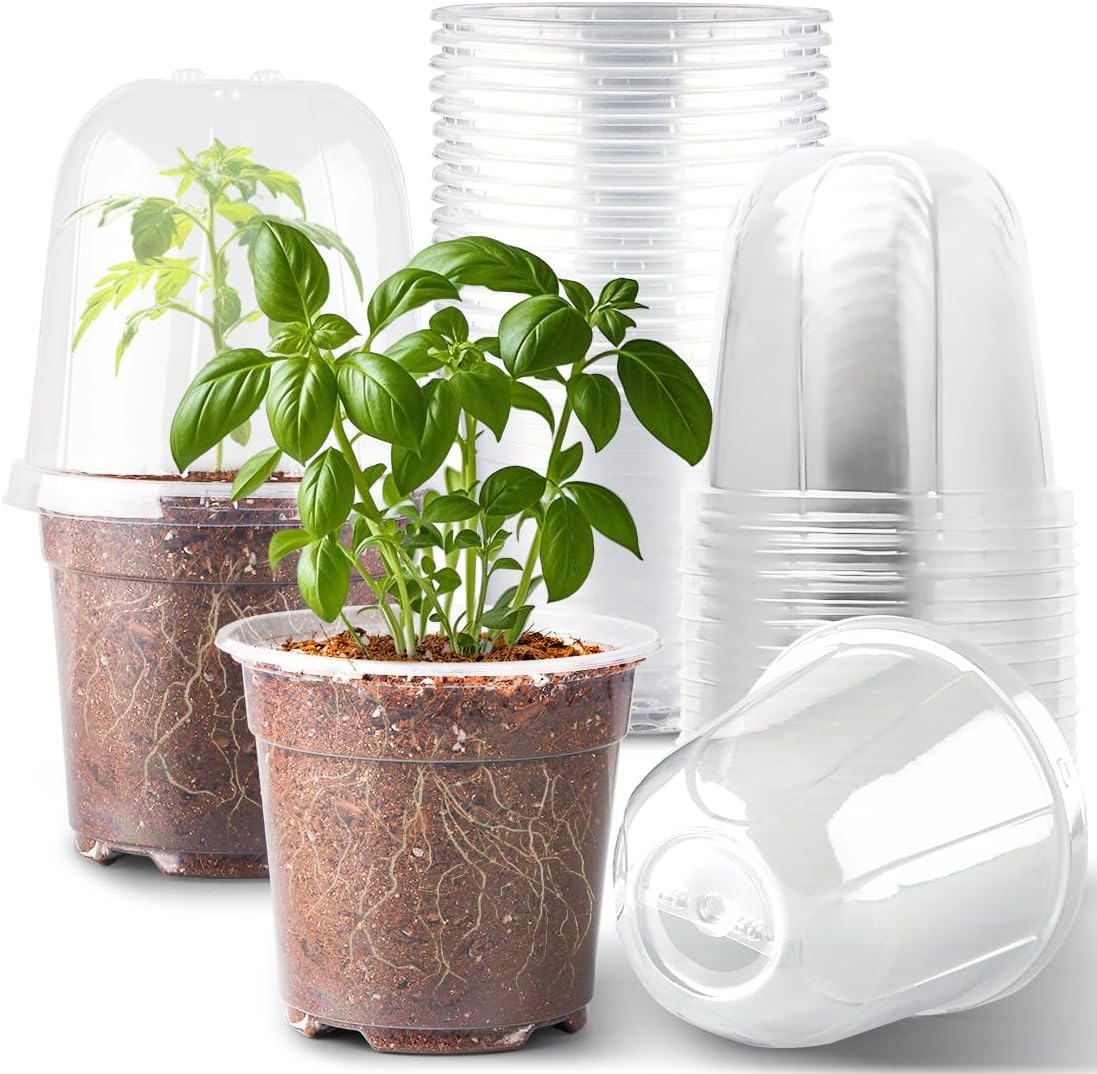 6 Inch Clear Nursery Pots with Humidity Dome, 15 Pack Durable Seed Starting Pot with Drainage