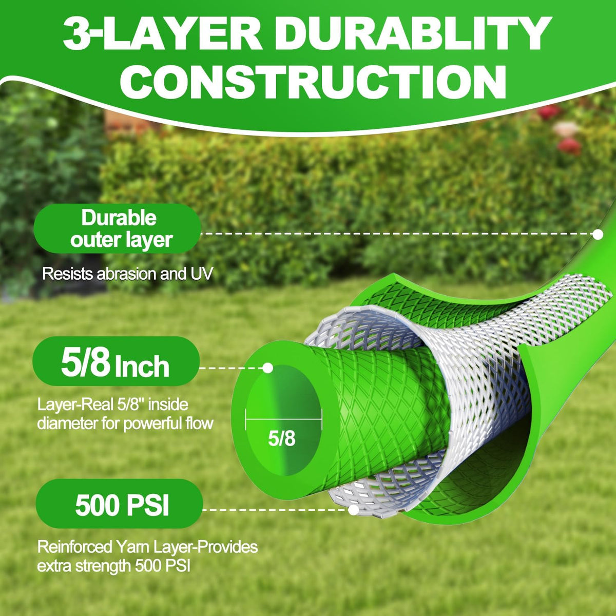 YOTOO Heavy Duty Hybrid Garden Hose 5/8-Inch by 50-Feet 150 PSI Water Hose, Kink Resistant