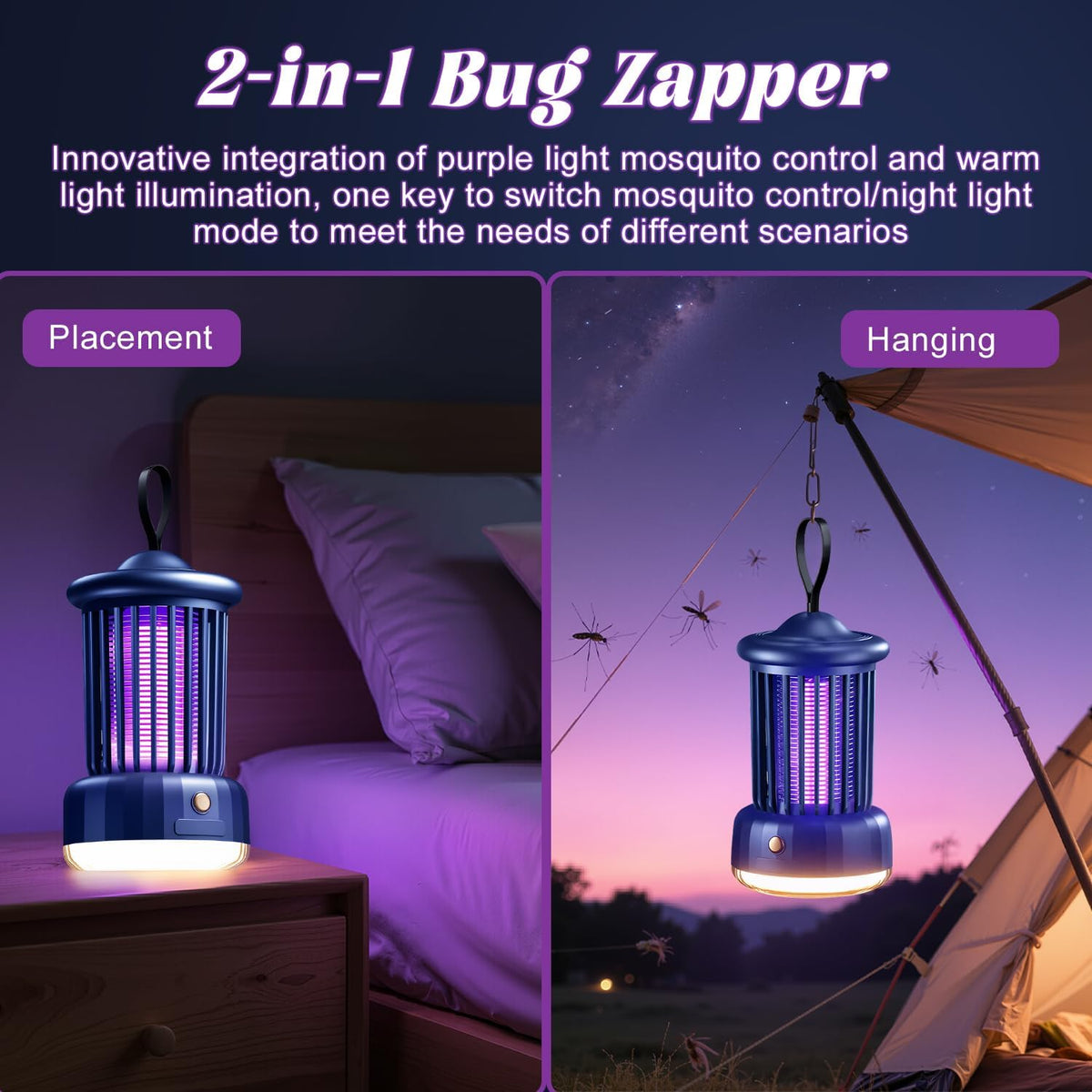 Bug Zappers, Portable USB Rechargeable with 360° Smart Zapping, Camping Lamp, Quiet Operation, Safe