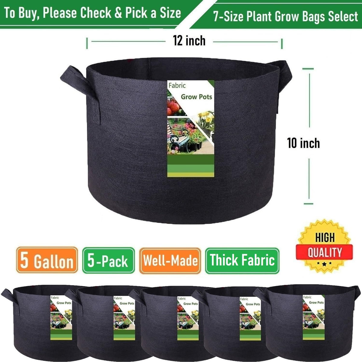 5-Pack 5 Gallon Plant Grow Bags (12x10 inch) Thickened Garden Bags Fabric Plant Pots for Flower