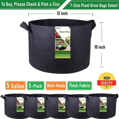 5-Pack 5 Gallon Plant Grow Bags (12x10 inch) Thickened Garden Bags Fabric Plant Pots for Flower