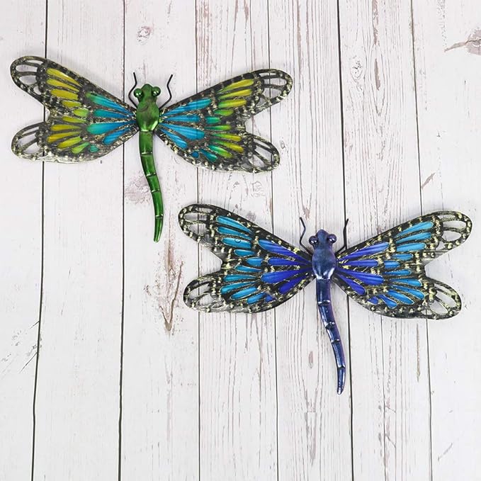 HONGLAND 2Pcs Metal Dragonfly Wall Decor Outdoor Dragonfly Wall Art Glass Sculpture for Home