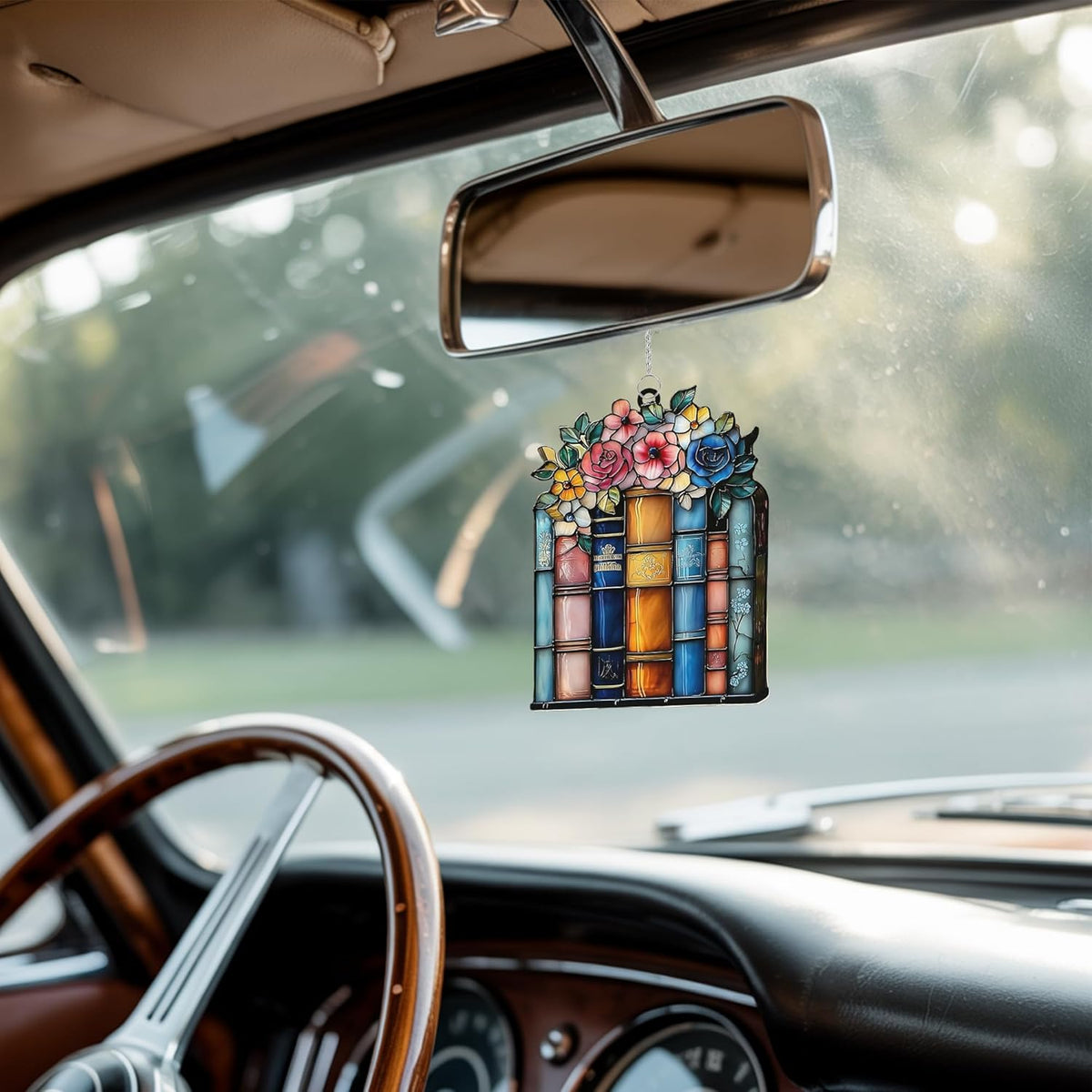 Floral Books Acrylic Suncatcher Stained Glass Effect Window Car Hanging Christmas Ornament Indoor