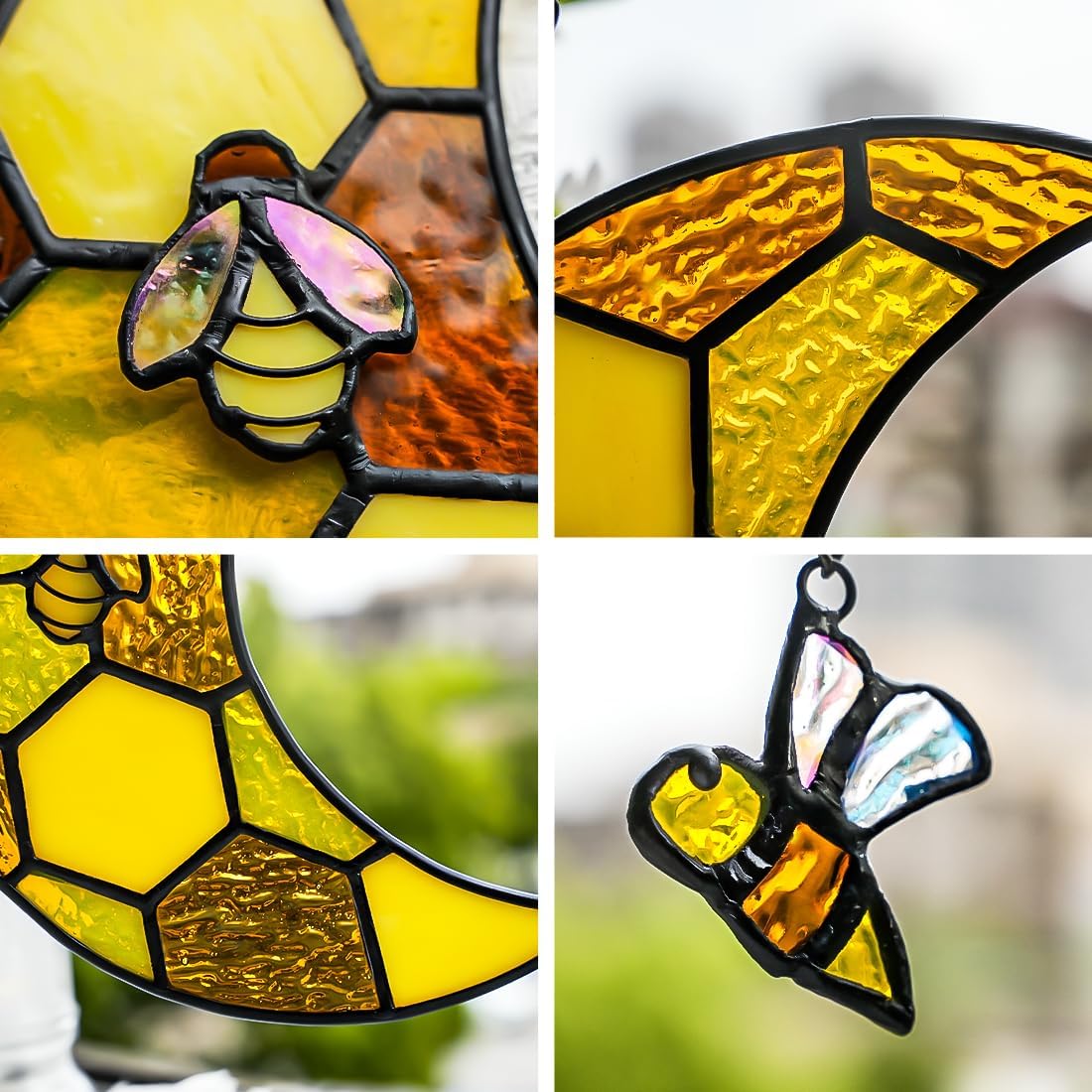 Bee Stained Glass Suncatcher for Window,Honeycomb Stained Glass Window Hanging Moon Decor,Bee Gifts