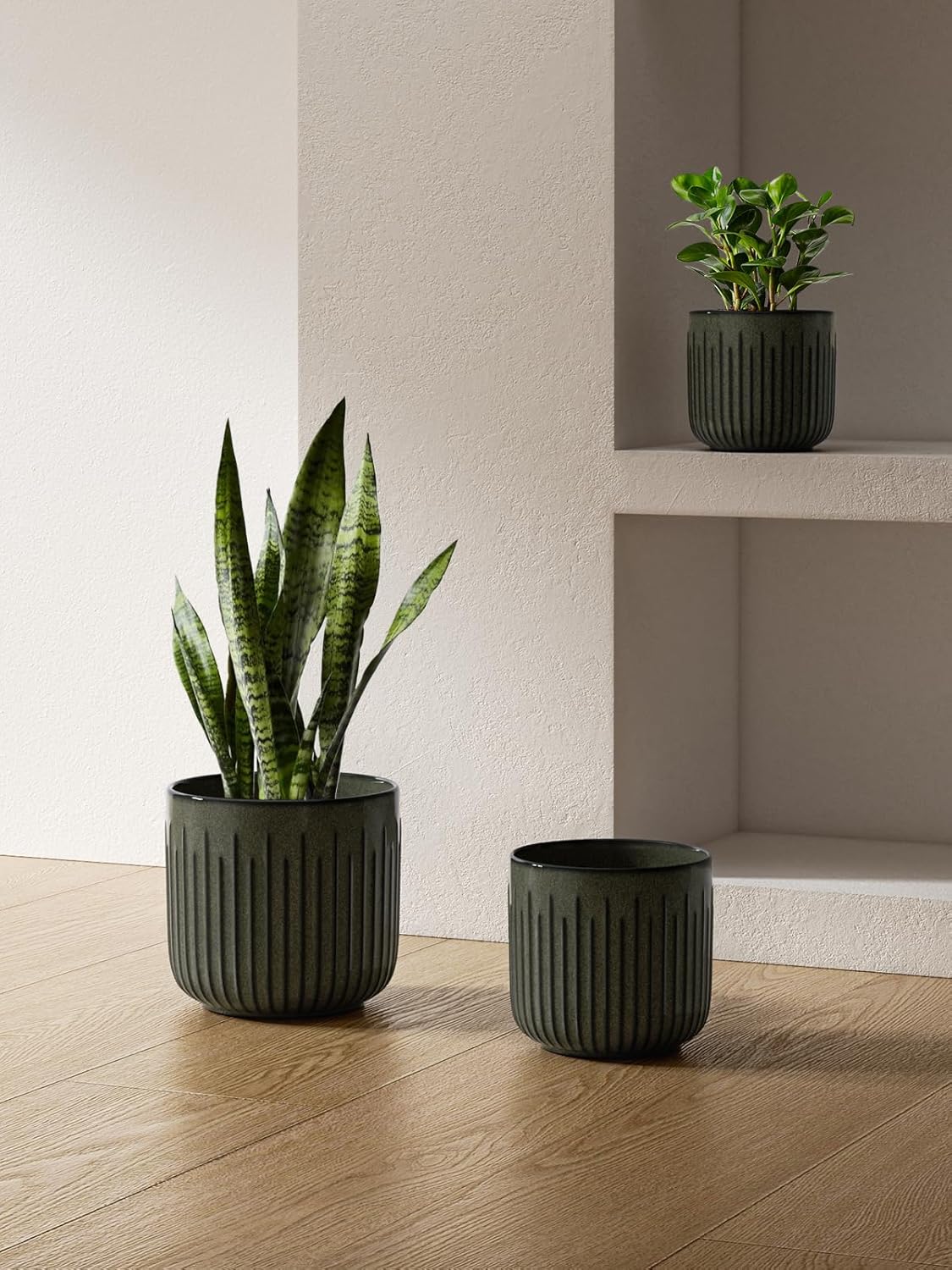 LE TAUCI Fluted Ceramic Planters Set of 3 – 8.3/7 / 5.7 in Dark Olive Reactive Cylinder Indoor
