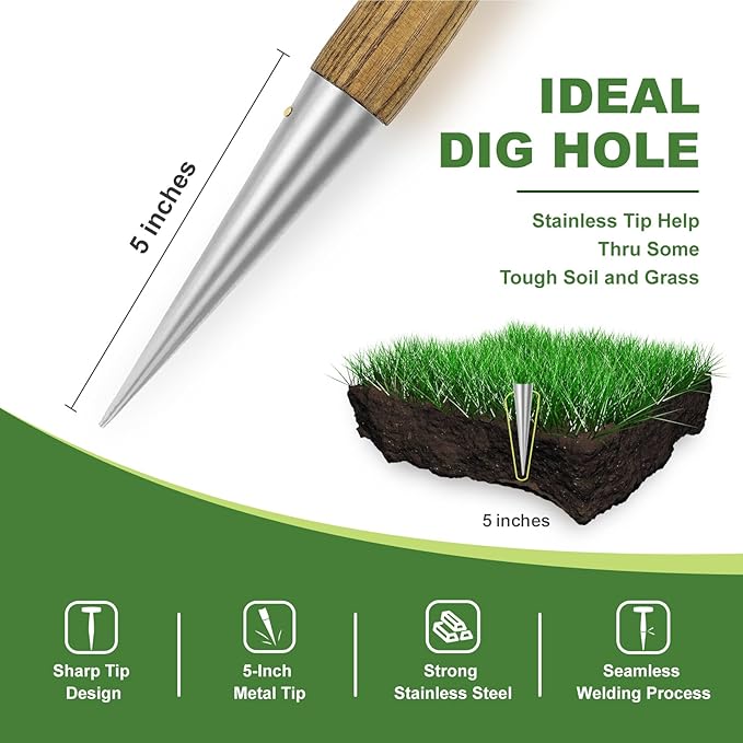 Haliaeetus Dibber Garden Tool, Stamped Stainless Steel Tip Seed Dibber, Smooth Splinter-Free