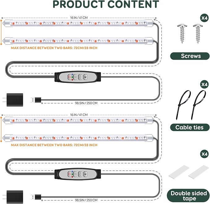 2 Bars Grow Light Strips for Indoor Plants with Auto ON/Off Timer 6/12/18H, 5 Dimmable Levels for