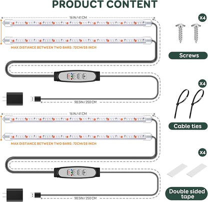 2 Bars Grow Light Strips for Indoor Plants with Auto ON/Off Timer 6/12/18H, 5 Dimmable Levels for