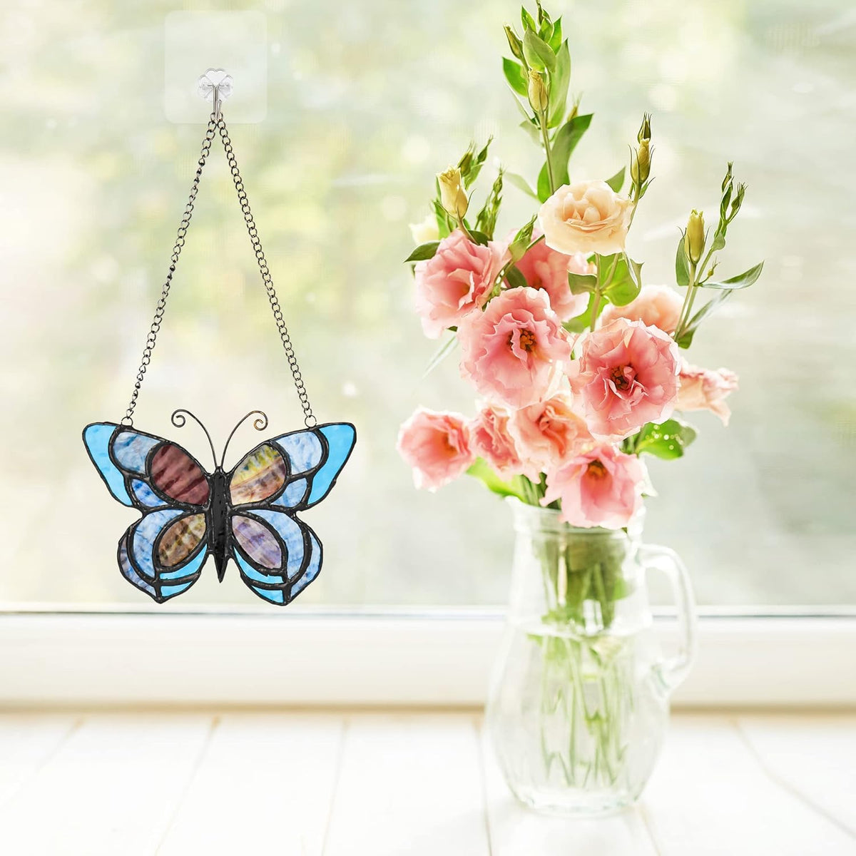 Blue Butterfly Suncatcher for Window Stained Glass Window Hanging Butterfly Gift for Mom, Women