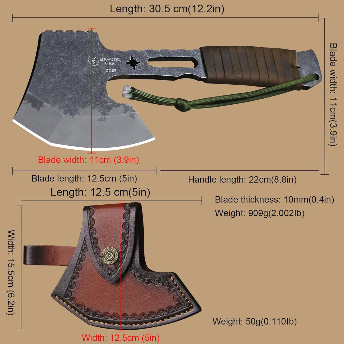 BA-KOR 12.2-inch DC53 Steel 10mm Thick Multi-Functional Survival Axe for Camping, EDC Tool, Jungle