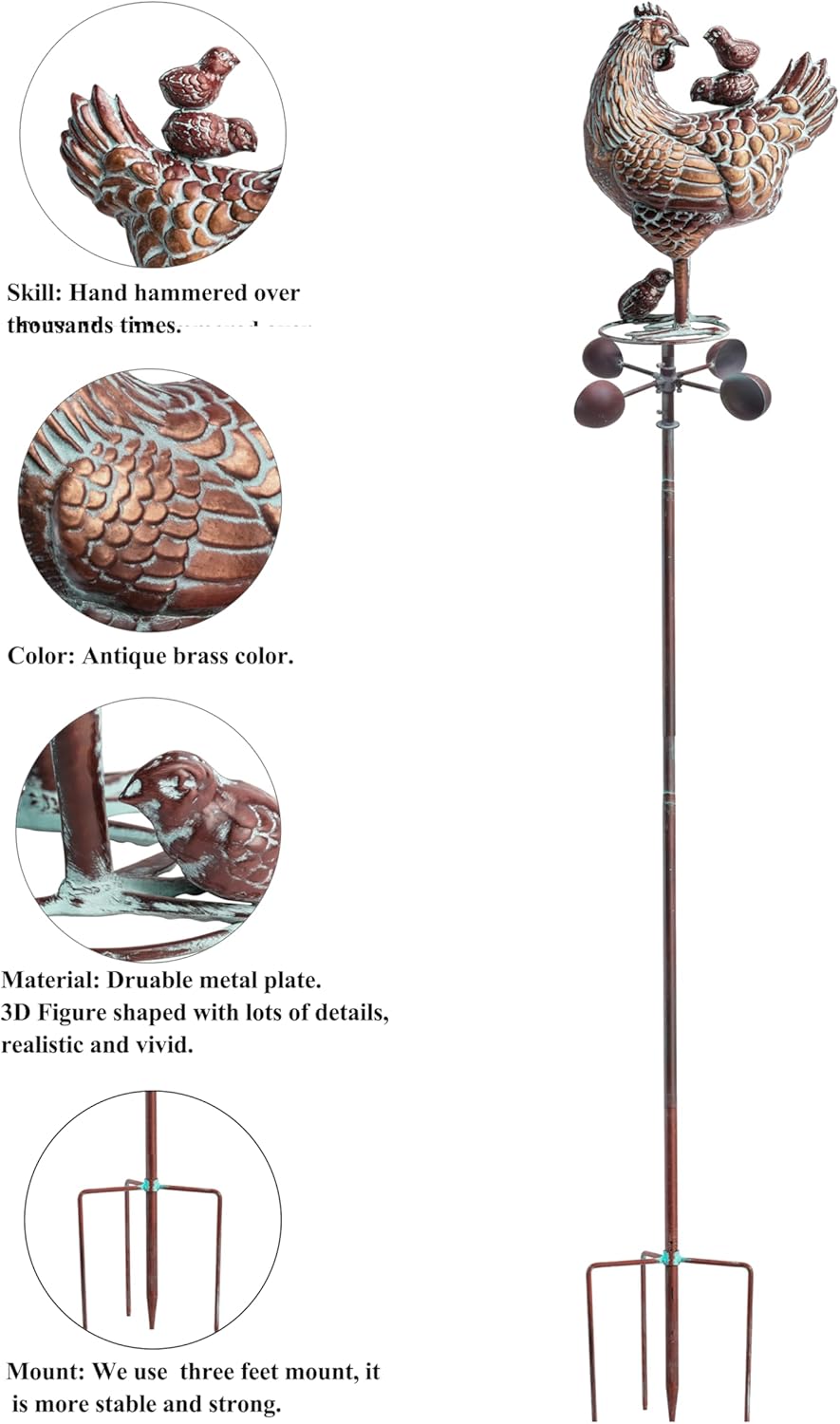 3D Large Metal Hen with Chicks Statue Wind Spinner,79" H Kinetic Garden Chicken Wind