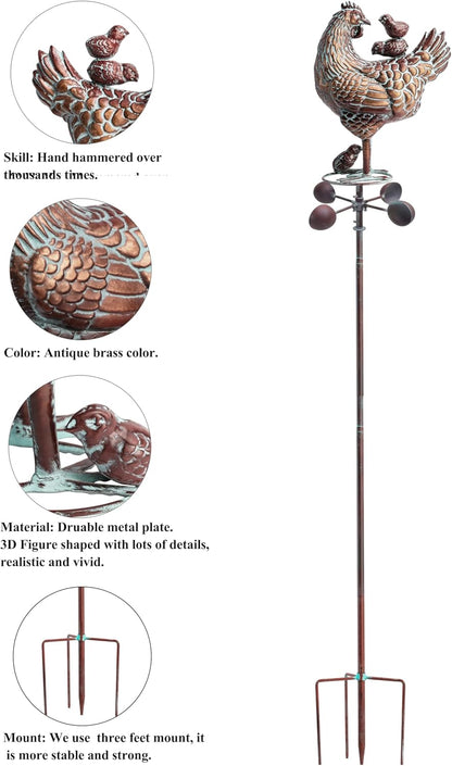 3D Large Metal Hen with Chicks Statue Wind Spinner,79" H Kinetic Garden Chicken Wind