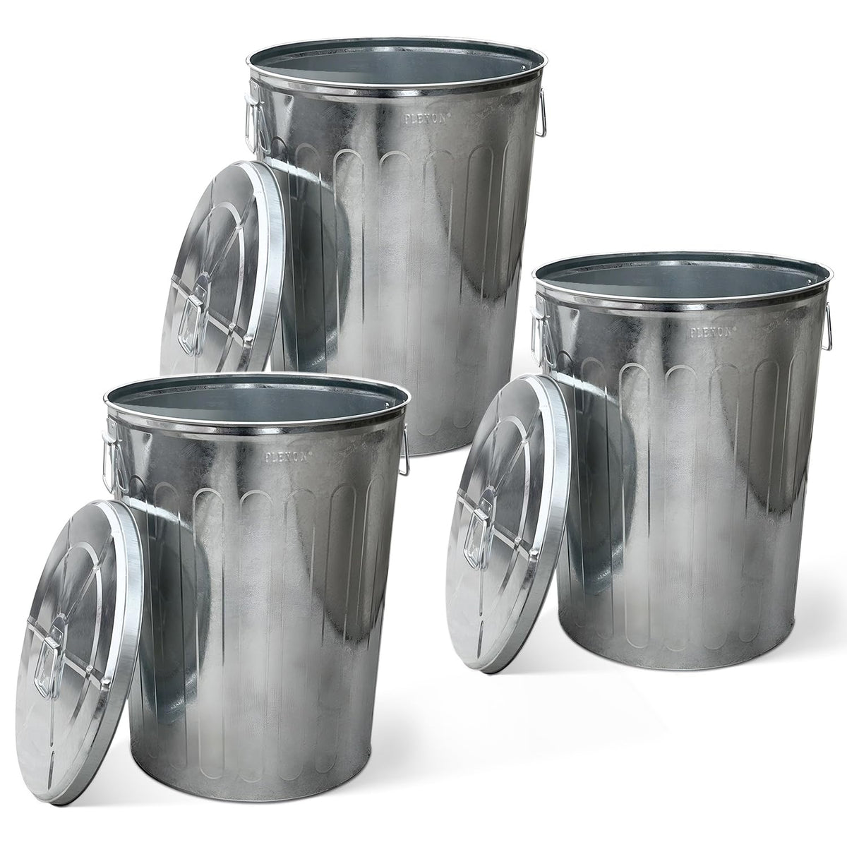 Plexon 20 Gallon Metal Trash Can with Lid Outdoor Galvanized Steel Large Garbage Can, 3 Pack
