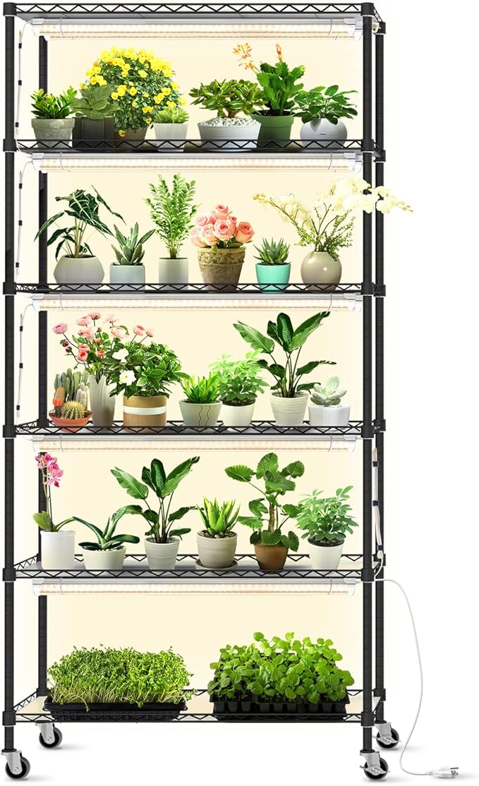 Bstrip DIY Plant Shelf with Grow Light, Grow Light Shelf with Adjustable Rack and Wheels, Plant
