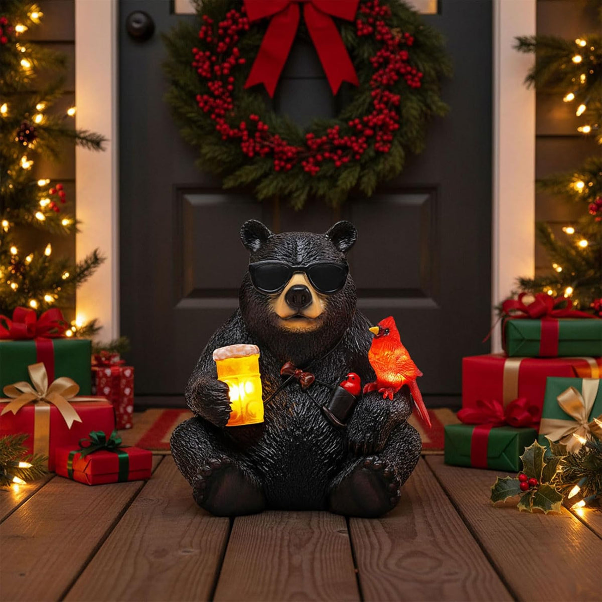 Solar Black Bear Statue for Garden with Beer and Cardinals 6.3" Resin Garden Statues for Outside
