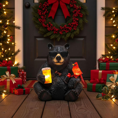 Solar Black Bear Statue for Garden with Beer and Cardinals 6.3" Resin Garden Statues for Outside