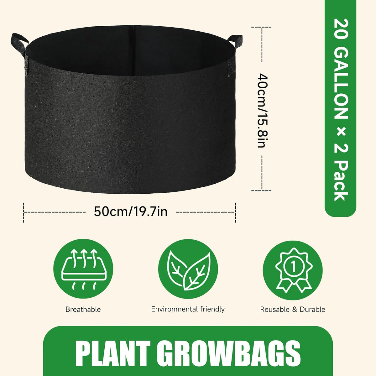 2-Pack 20 Gallon Fabric Grow Bags with Handle, Heavy Duty 300G Thickened Nonwoven with Handles and