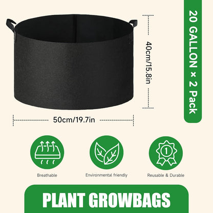 2-Pack 20 Gallon Fabric Grow Bags with Handle, Heavy Duty 300G Thickened Nonwoven with Handles and