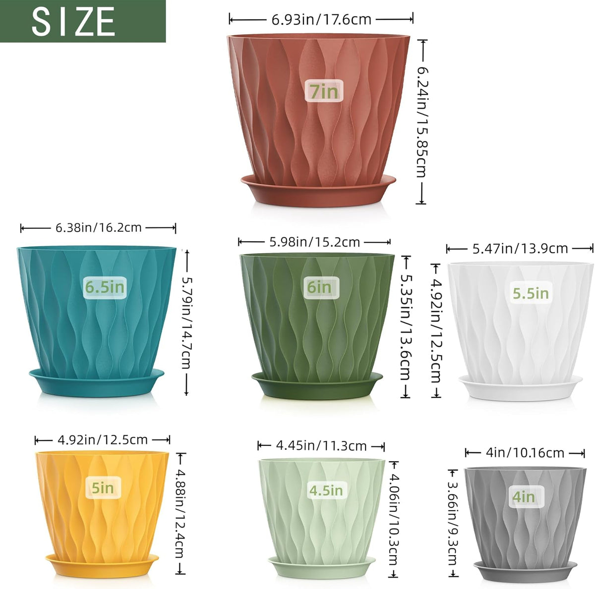 4/4.5/5/5.5/6/6.5/7 Inch Plant Pots,7 Pack Flower Pots with Drainage Holes and Trays,Plastic