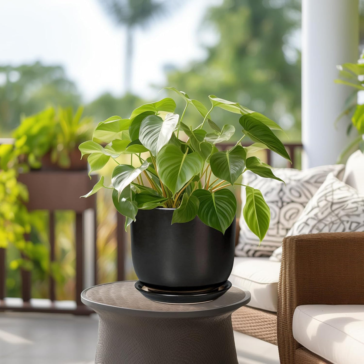 Ceramic Flower Pot 8 Inch - Modern Round Planter for Indoor Outdoor Plants with Drainage Hole and