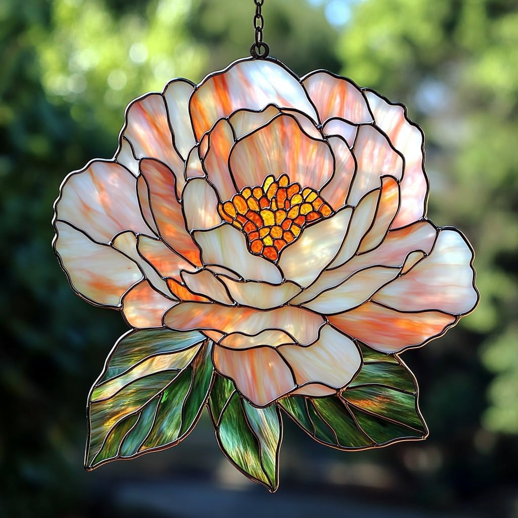 Pastel Pink Peony Acrylic Suncatcher Stained Glass Effect Window Car Hanging Christmas Ornament