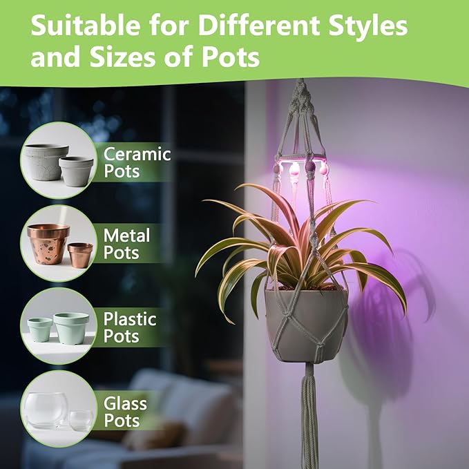 Macrame Plant Hanger with Grow Light: 2 Pack Boho Hanging Planters with Light for Indoor Plants