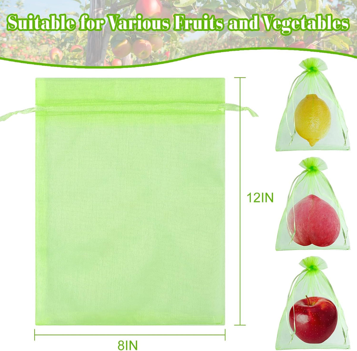 Morcheiong 60Pcs Fruit Protection Bags 8" x 12", Reusable Fruit Netting Bags for Fruit Trees