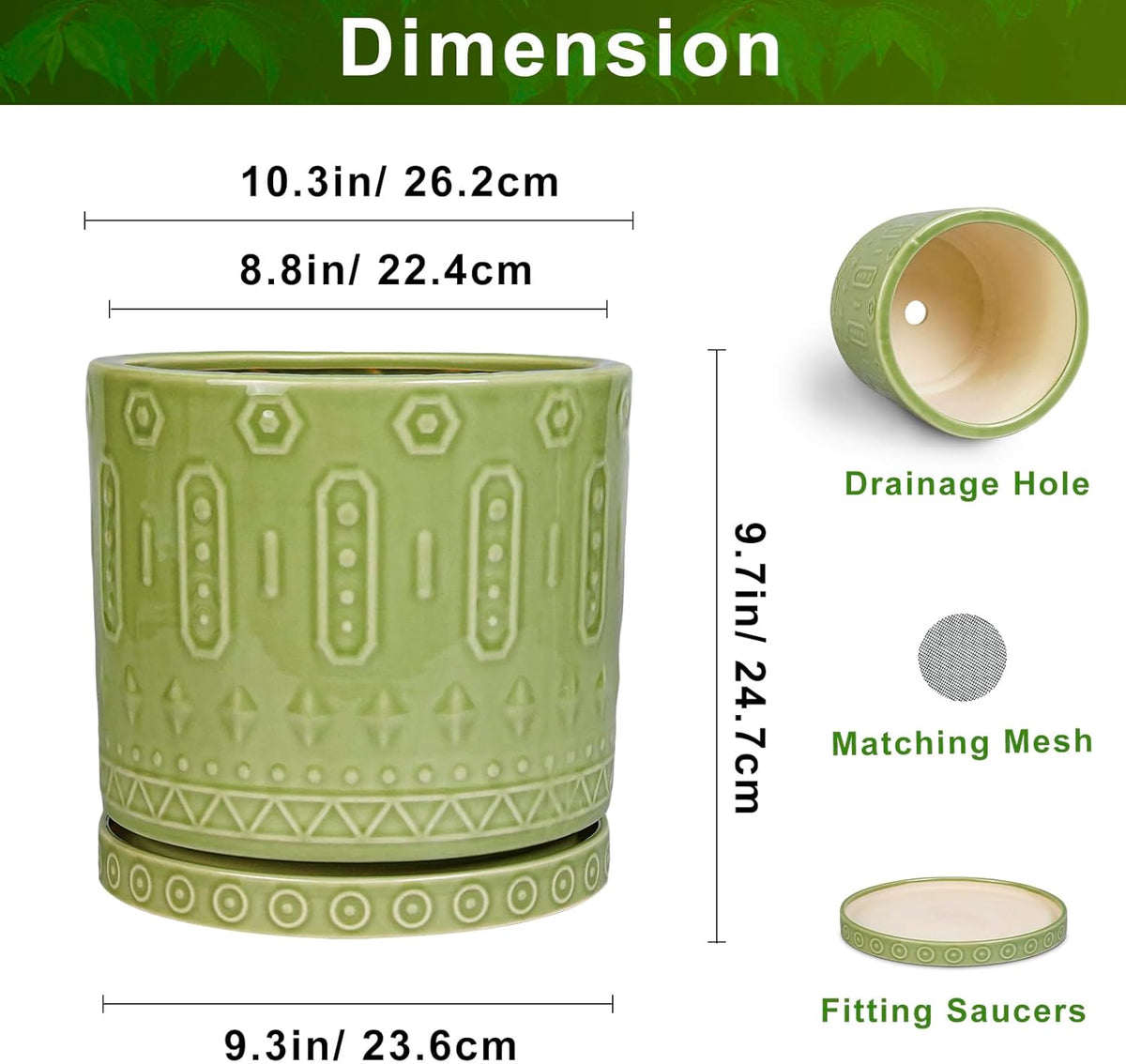 Ceramic Pot for Plants - 10 Inch Indoor Plant Pots with Drainage Holes and Saucer, Boho Round
