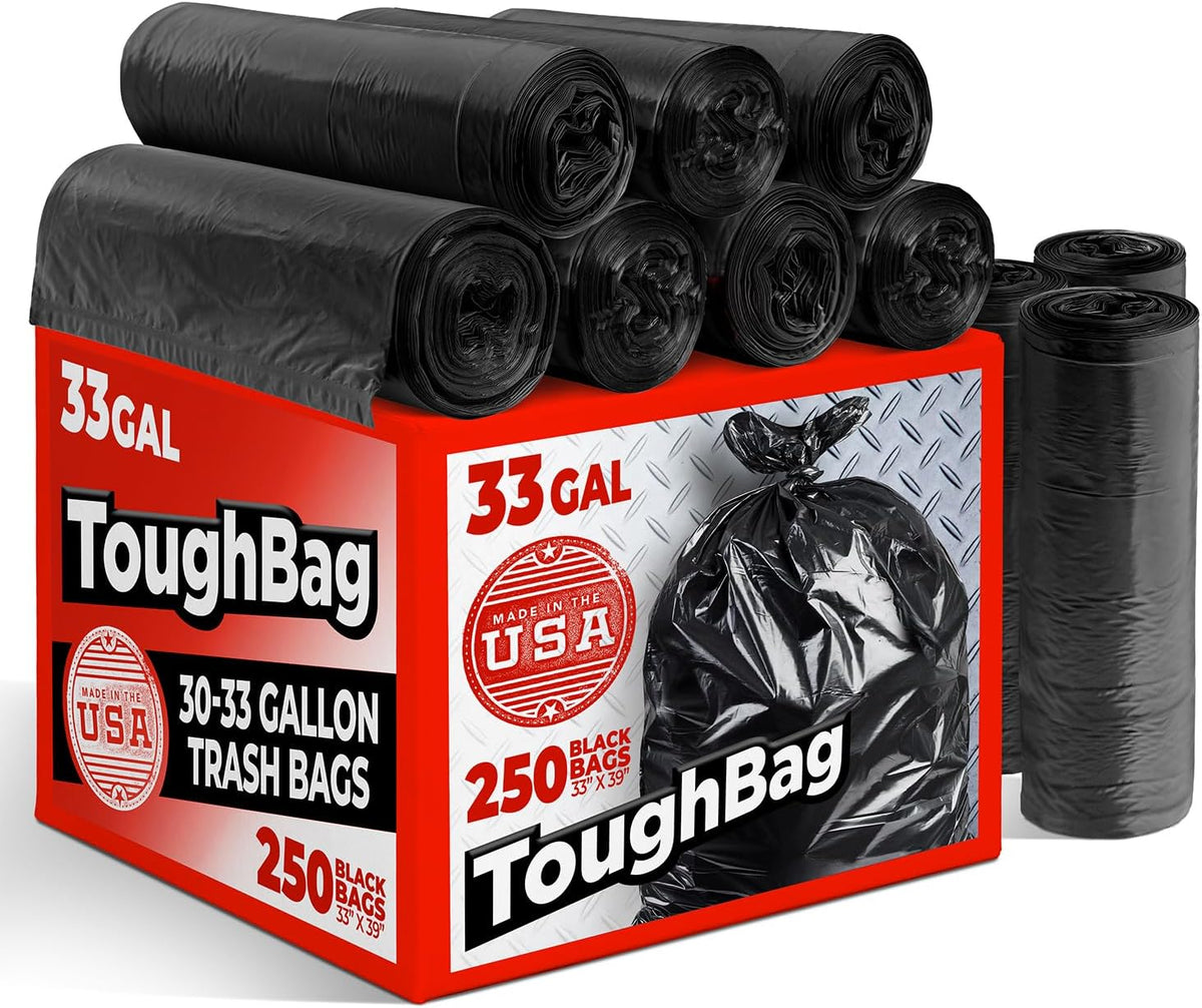 ToughBag 30-33 Gallon Trash Bags Heavy Duty, 32 x 38" Black Garbage Bags (250 COUNT) – 30+, 32