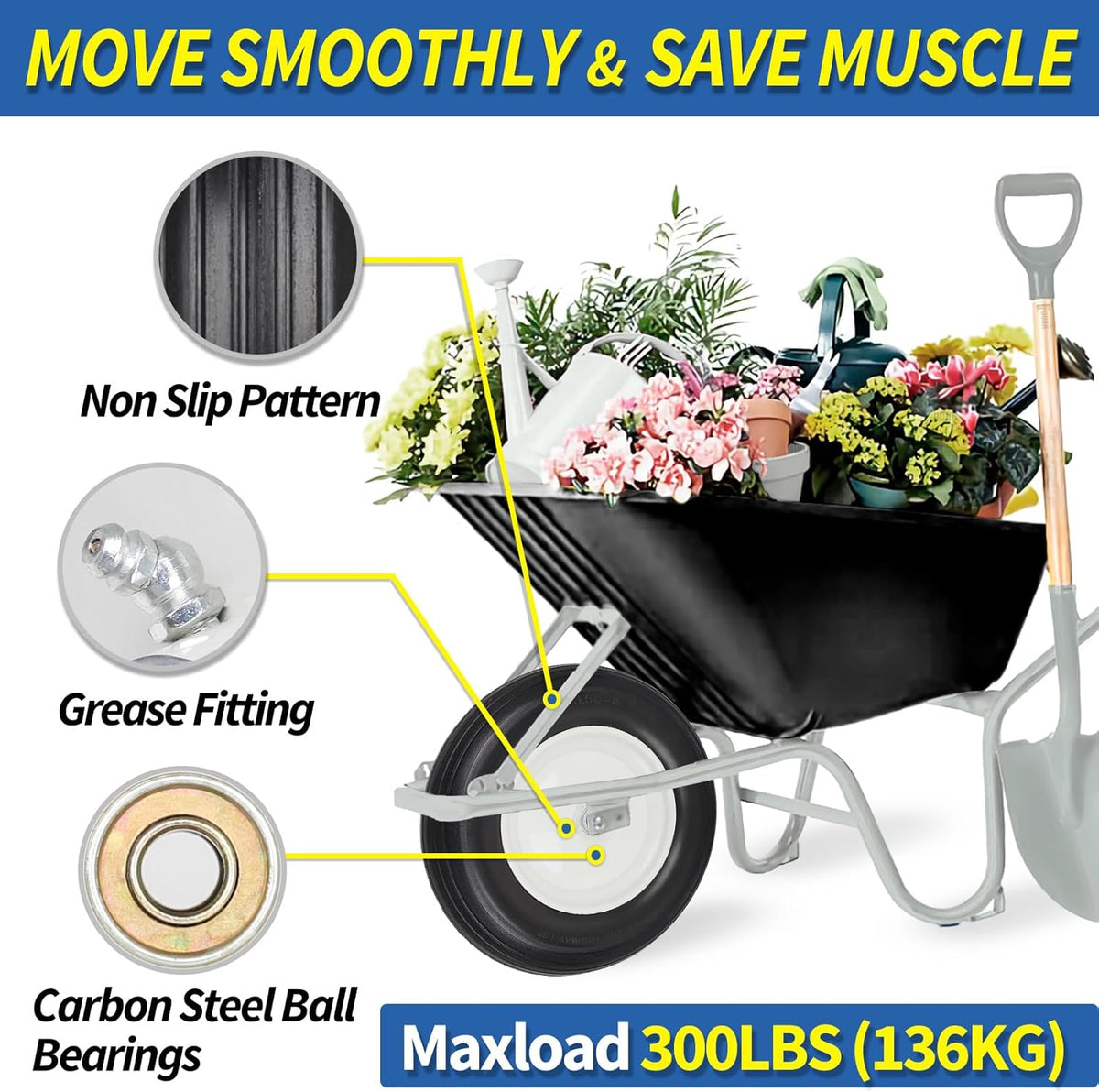 14.5" Wheelbarrow Flat Free Tire, Fits 4.80/4.00-8, 3.50/2.50-8, 4.00-6, 4.00-8, Wheelbarrow