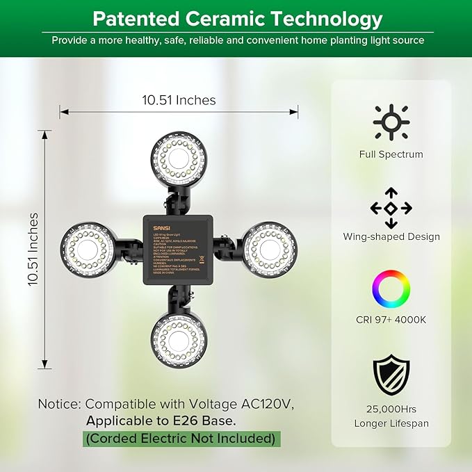 SANSI Grow Lights for Indoor Plants, Full Spectrum with Remote Control, Dimmable, Auto On Off 4 8