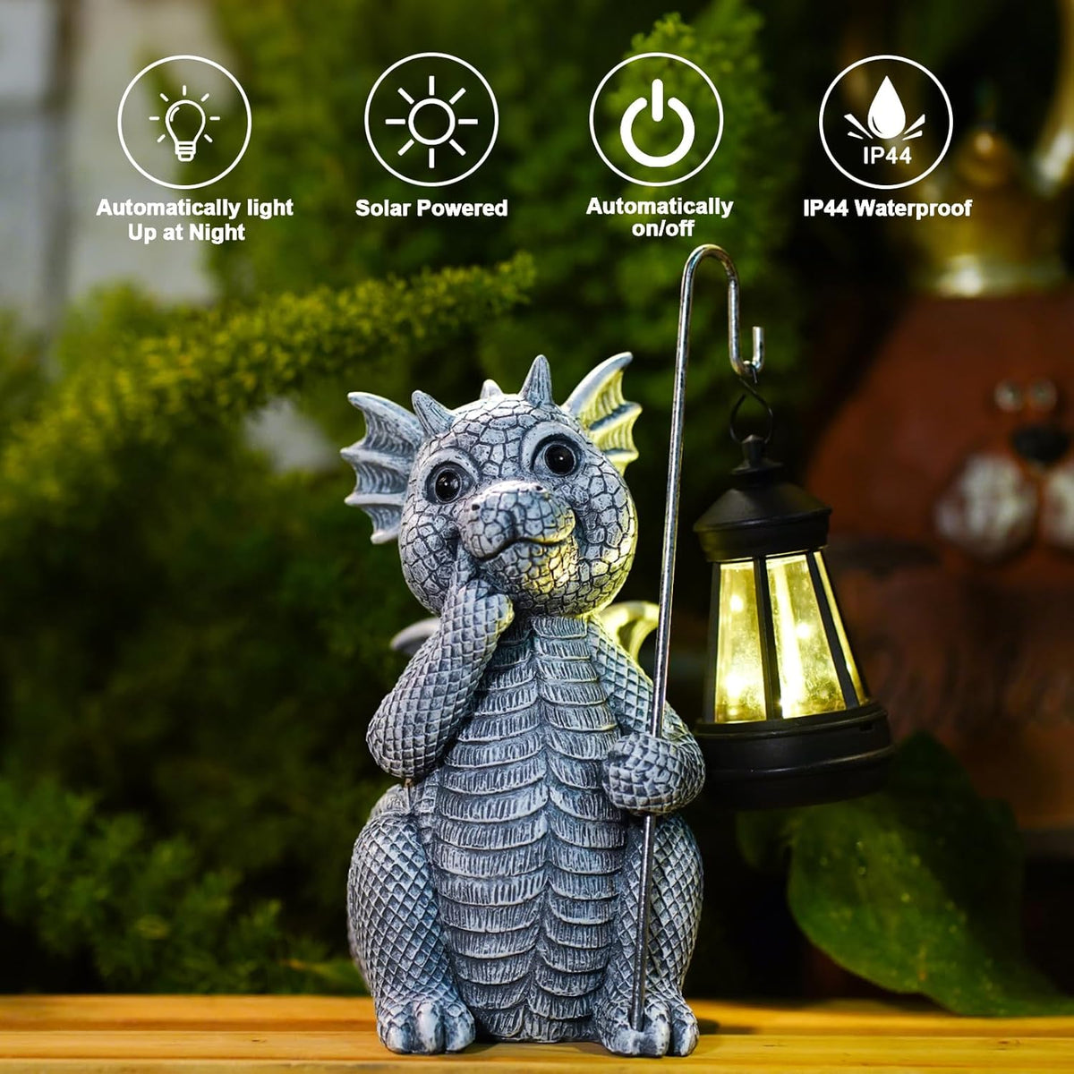 Goodeco Dragon Statue with Solar Lantern - Garden Decor for Lawn, Patio, and Yard - 8.3 inches