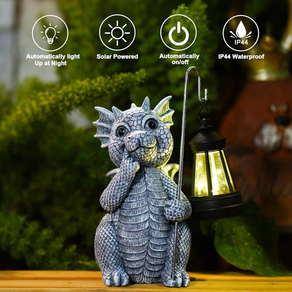 Goodeco Dragon Statue with Solar Lantern - Garden Decor for Lawn, Patio, and Yard - 8.3 inches
