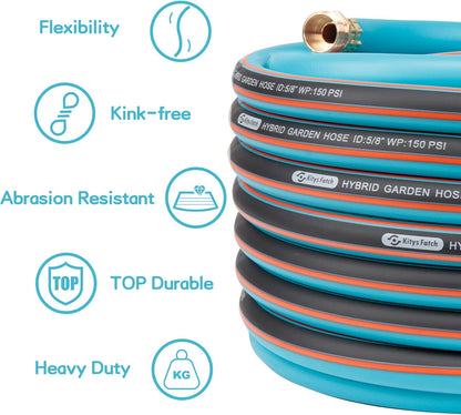 Upgraded Kink Free Hybrid Garden Hose 100ft 5/8", Thickened Heavy Duty Water Hose with Brass Solid