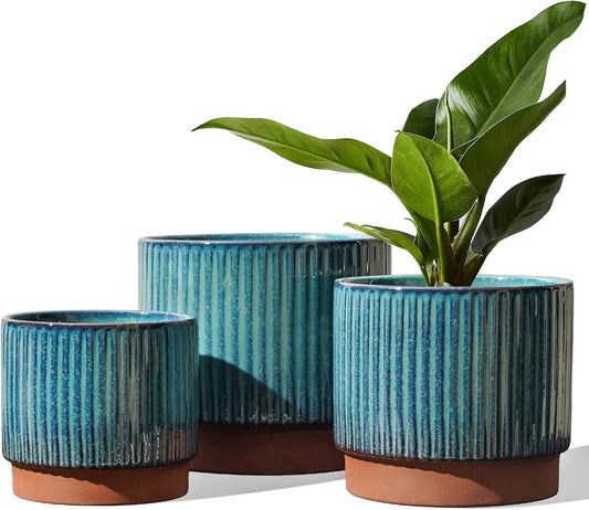 LE TAUCI Ceramic Plant Pots with Drainage Holes, Set of 3, 8+6.7+5.5 Inch Stripe Garden Planter