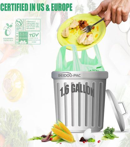 1.6 Gallon Compostable Trash Bags with Handle, 250 Count Small Compost Bags, Biodegradable Kitchen