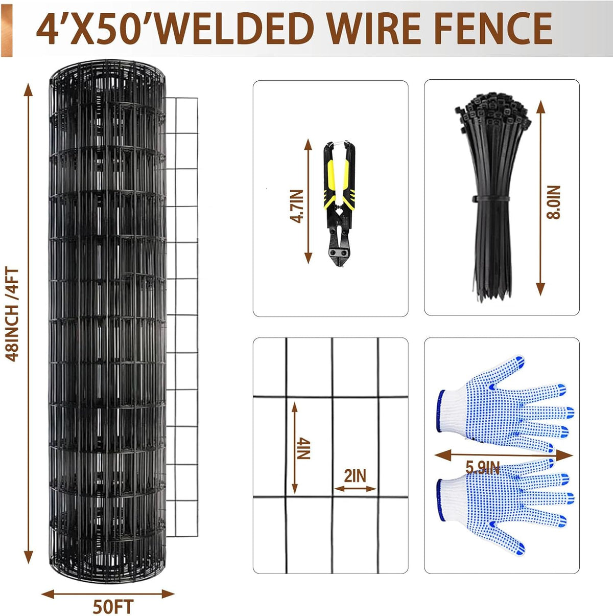 Tongmo 4 ft x 50 ft Black PVC Coated Welded Wire Fence, 16GA Garden Chicken Wire Fence Roll, Mesh