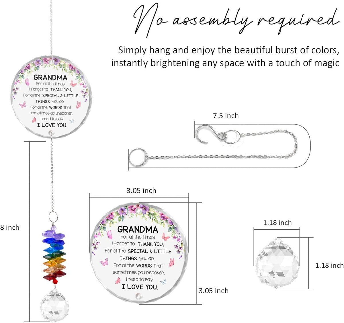 Glass Ornament Suncatcher - Grandma I Love You Birthday Gift for Grandmother - Crystal Rainbow