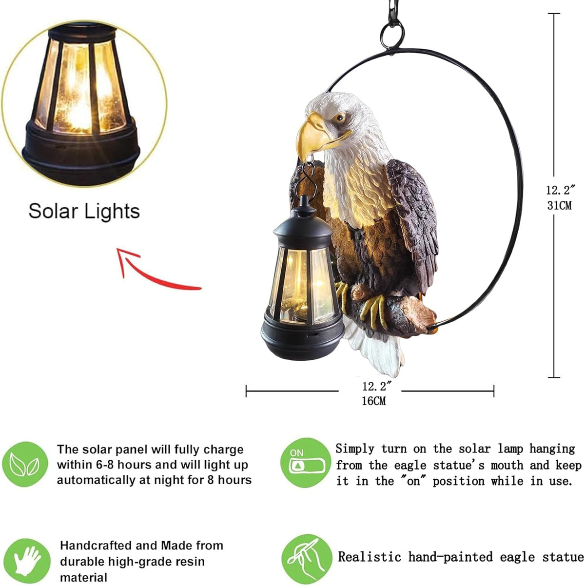 American Bald Eagle Statue with Solar Light - 11.81-inch Yard Art Resin Bald Eagle Decoration,for